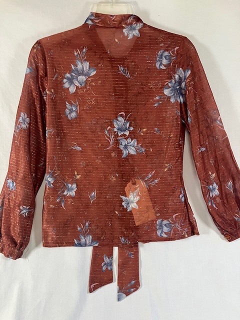 Vintage 70’s Tie Bow Blouse Women’s Gold Treading Secretary Disco Floral Sheer