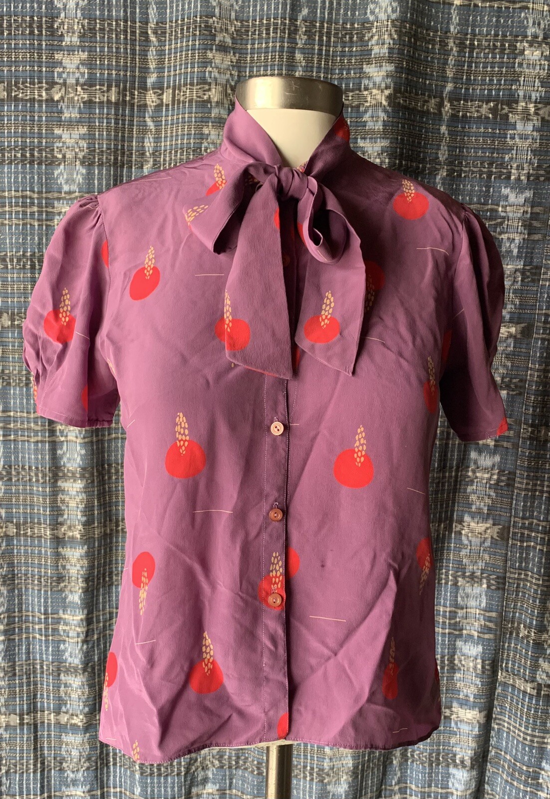 Vintage 1980s Charles Bianco Purple Red Tie Neck Blouse 100% Silk Short Sleeves