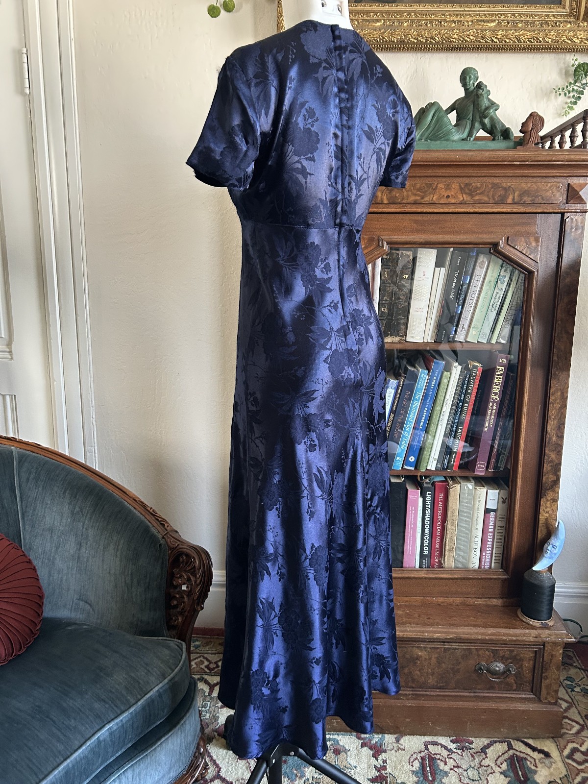 Vintage 1990s Deep Blue Satin Floral Maxi Dress Square Neck Bias Cut S 5/6 Y2K