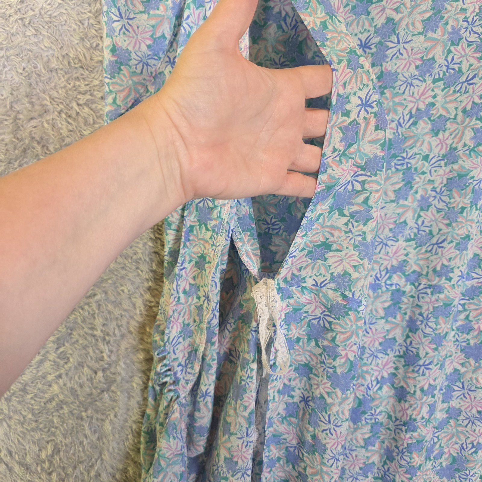 ​Vtg 80s Peplum Blue Floral Wrap Dress Puff Sleeve Ruffles Cottagecore S M USA