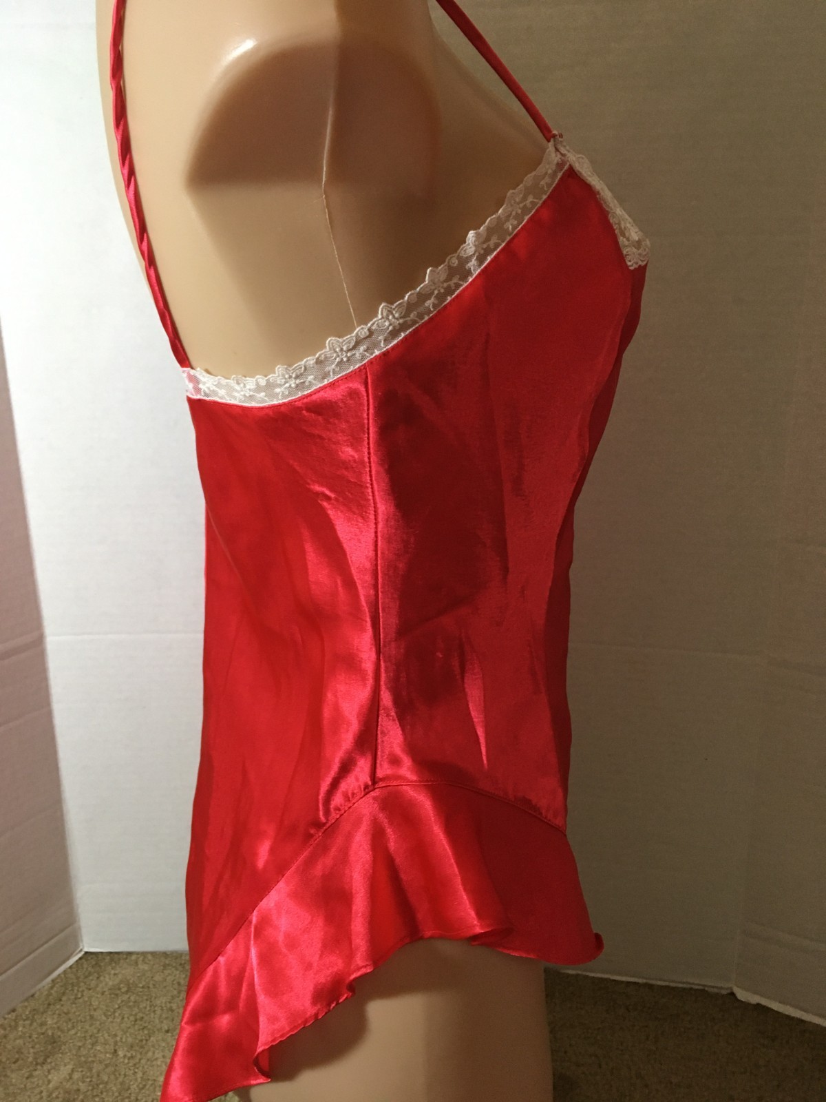 S Vtg VICTORIA’S SECRET Soft SATIN Lace Bodysuit Teddy Red Ivory Gold Label