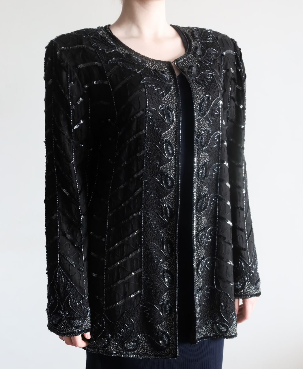 Vintage 100% Silk Beaded Sequin Black Evening Jacket C&A Your Sixth Sense XL