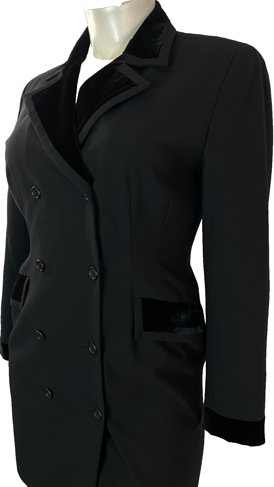 Vintage 1990s black DKNY wool silk velvet jacket shirt dress pea coat L XL plus