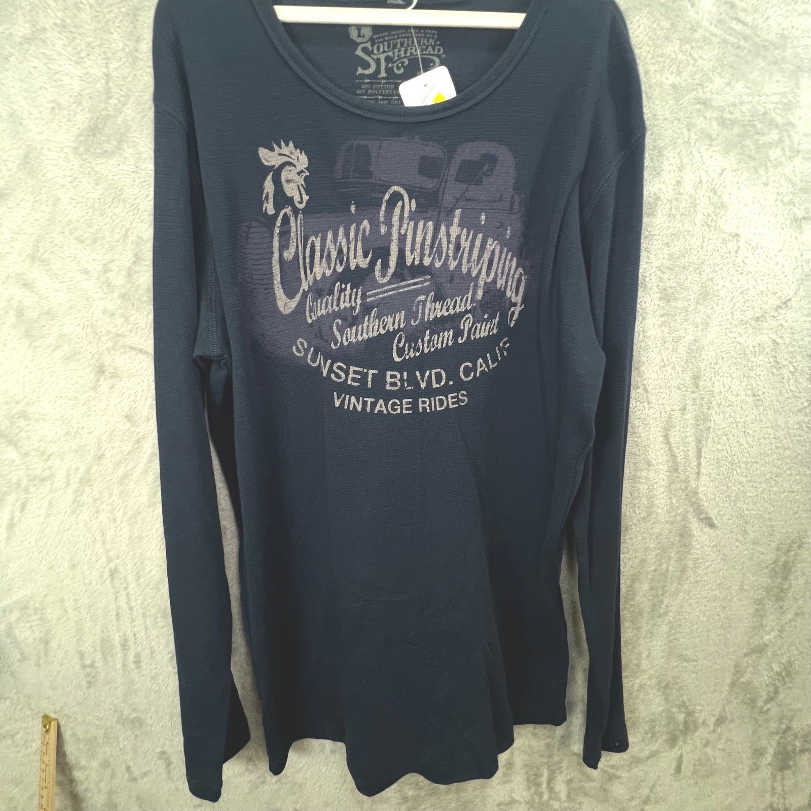 Retro Rugged Navy Blue Waffle Knit Thermal Graphic Shirt Large Biker West Coast