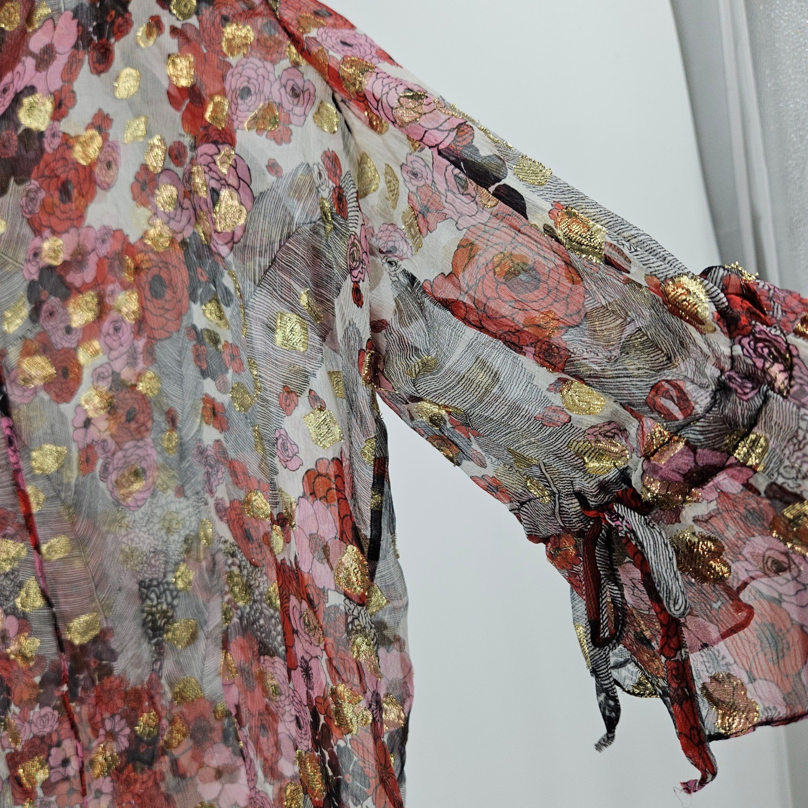 Alexander McQueen Silk Sheer Floral Blouse Maroon Gold Metallic Ruffle Peasant