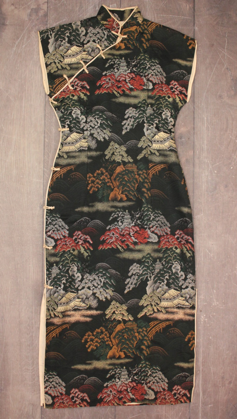VTG Women’s 50s Black Multi Color Brocade Cheongsam Dress Sz S/M 1950s Jacquard