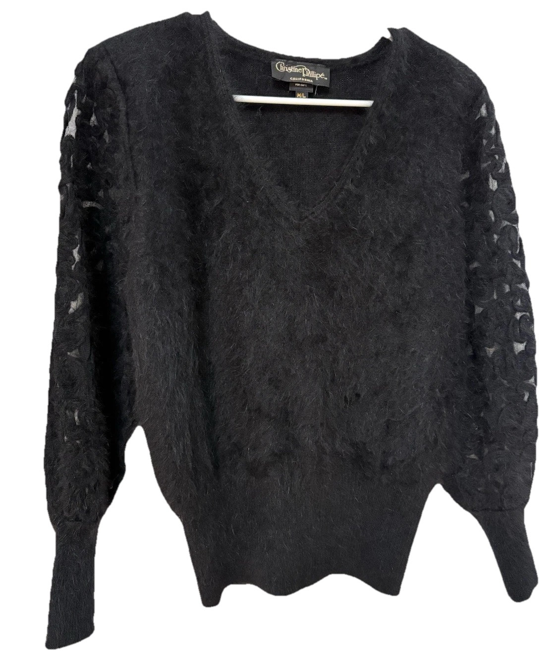 Christine Phillipe Vintage Angora Knit Sweater Black M/L Sheer Sleeves SO SOFT!