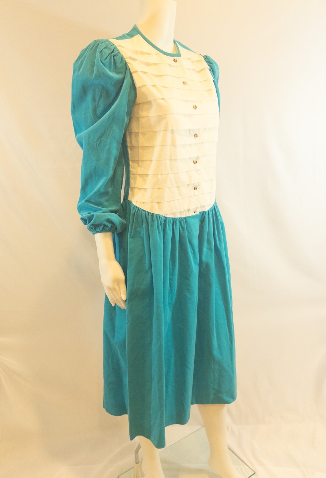 Vintage Kathryn Conover Turquoise Corduroy and White Cotton Pleated Bodice – 8