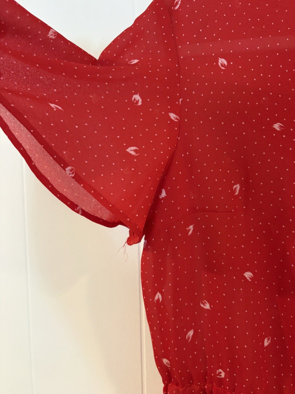 Vintage Unlabeled 70s Floral Small Poka Dot Dress Short Sleeve Red Dress Sz M