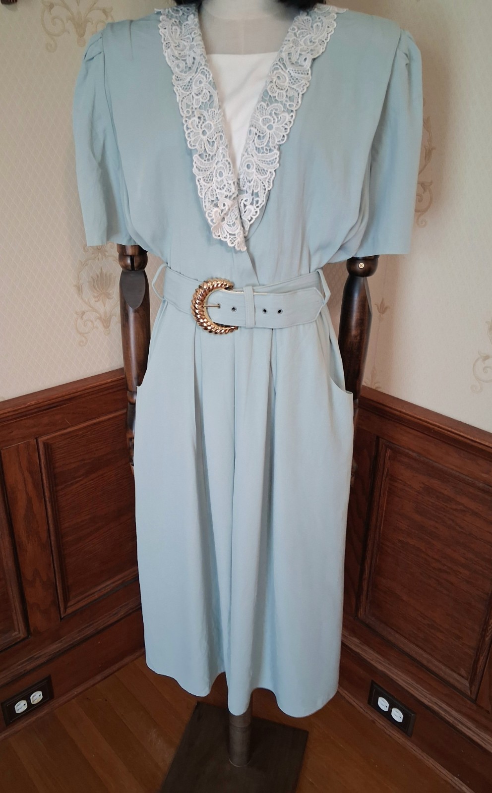 Vintage 1980s SL Fashions Green Lace Collar Cottagecore Secretary Dress w/Belt