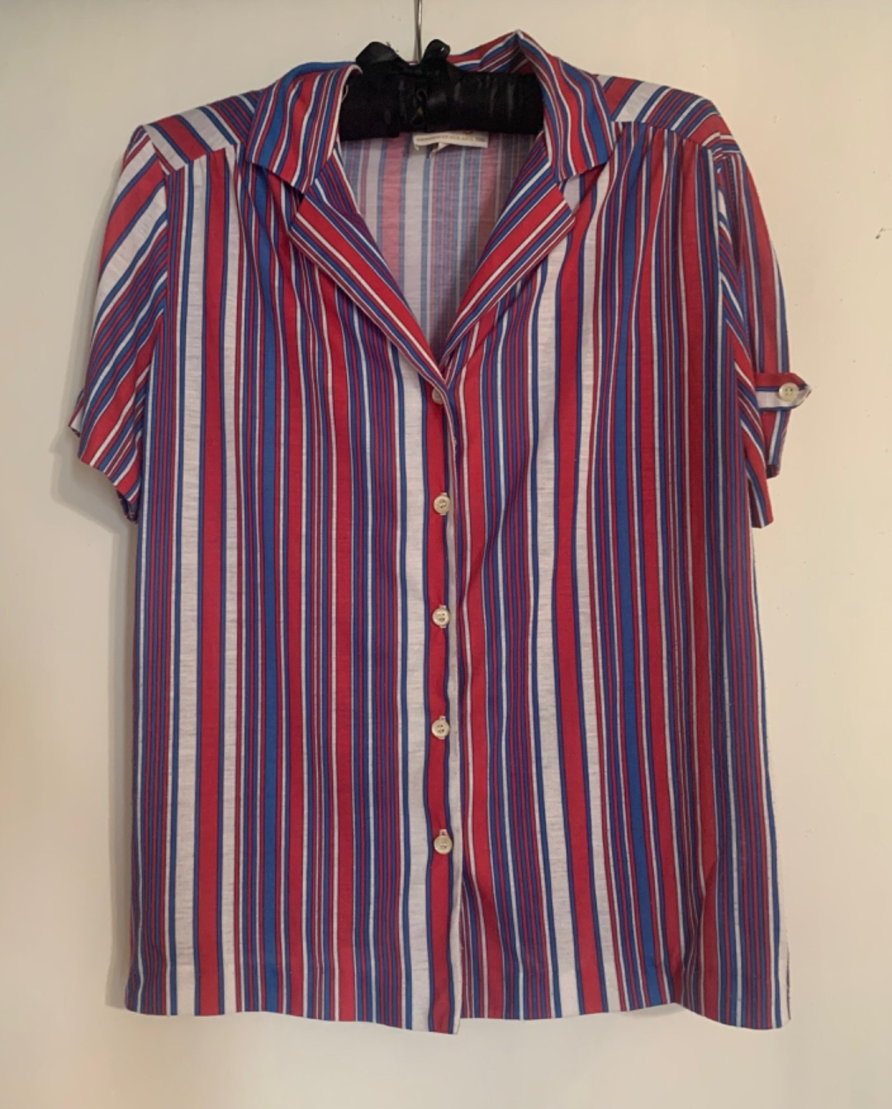 Vintage 1970s “Center Stage” Lightweight Short-Sleeve Button-Up Striped Blouse