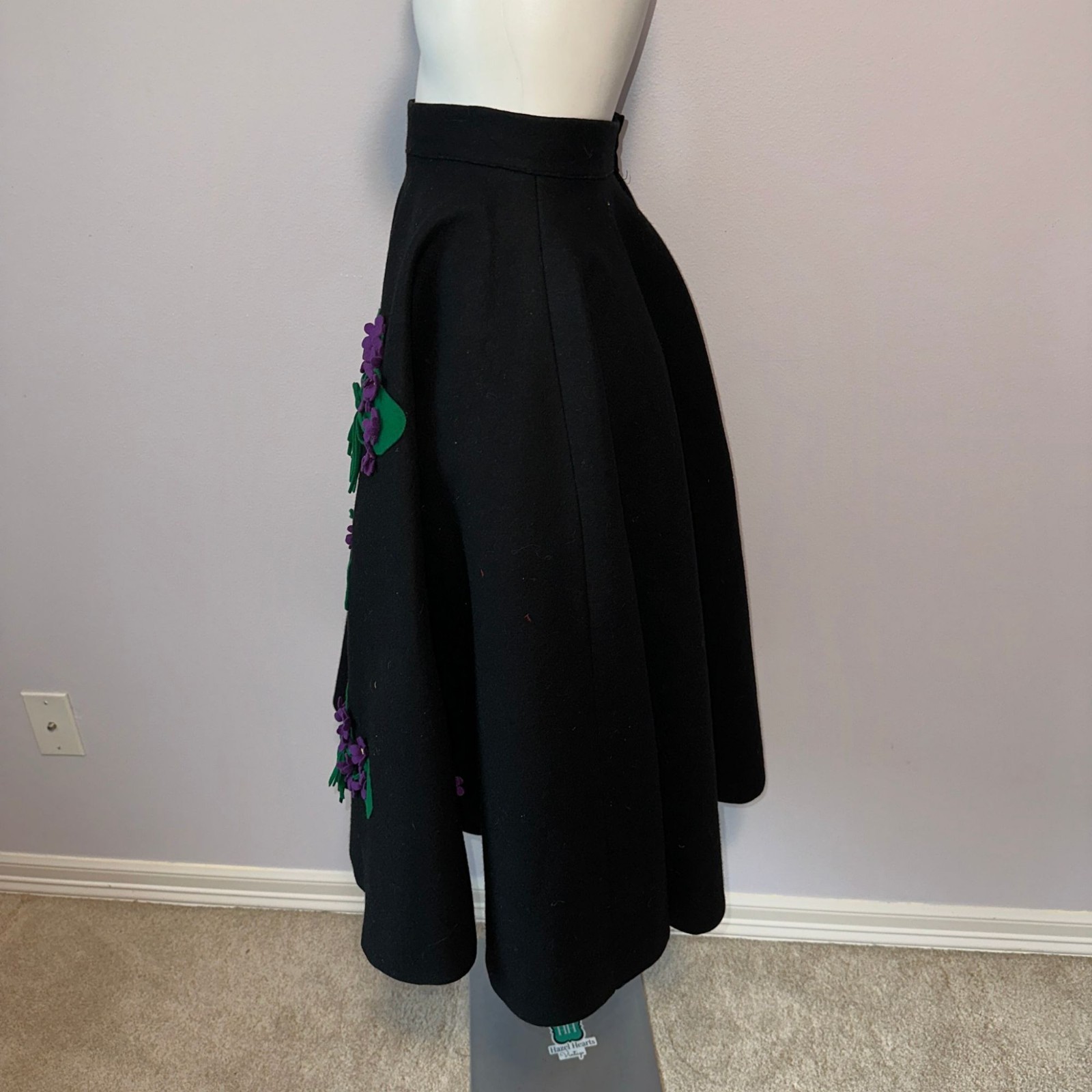 Vintage 50s Black Felt Circle Skirt Purple Floral Applique Wool Rockabilly XS