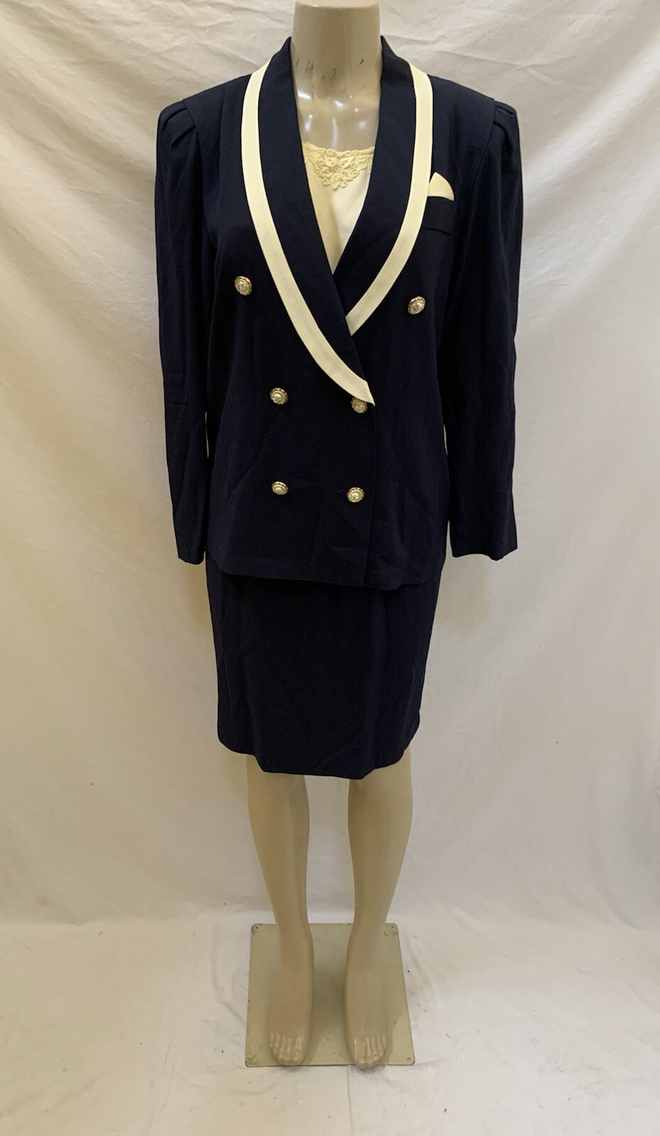 Vintage Michael Blake Navy Blue & Ivory 2pc Secretary Skirt Suit Set