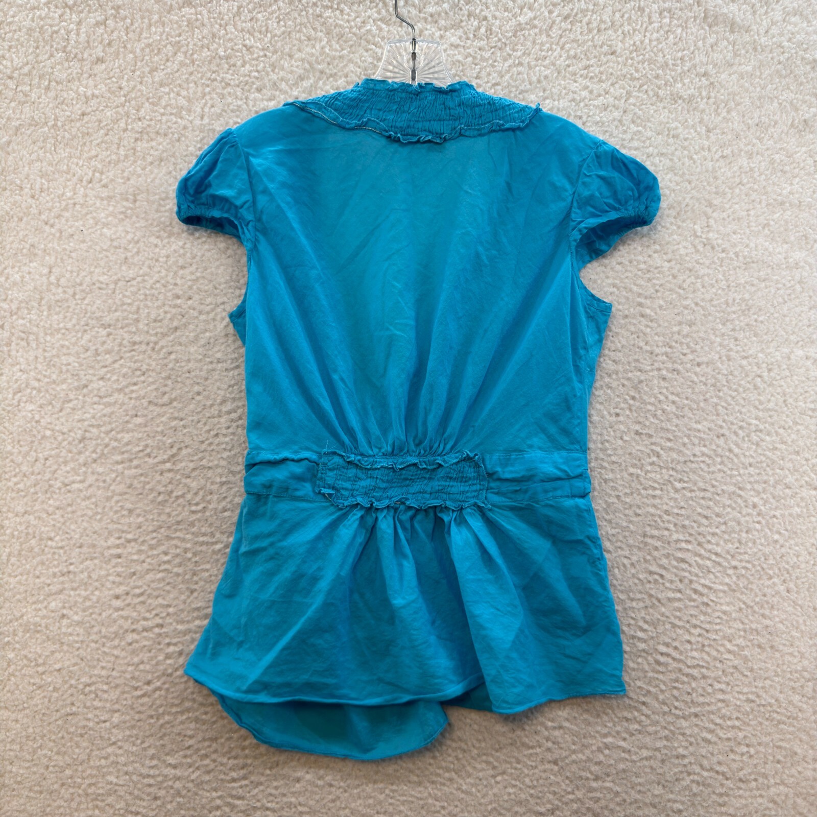 Y2K Vintage Wrap Top Large Aqua Blue Cap Sleeve Boho Fairy Grunge Cottagecore