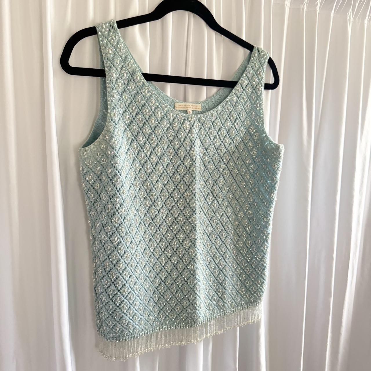 Vintage 70s Baby Blue Crochet Knit & White Sequin Beaded Pearl Trim Fairy Top L