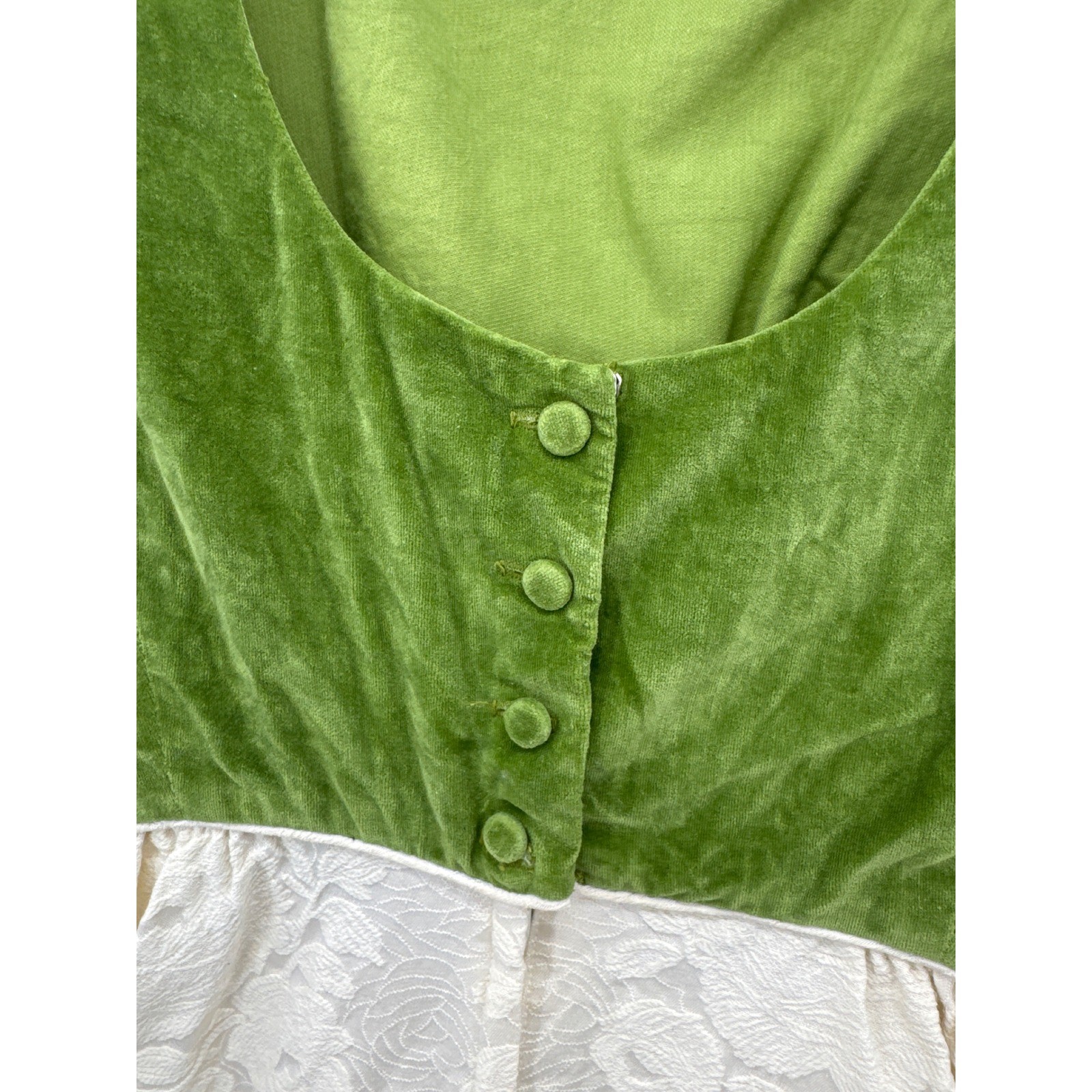 VTG 1960’s Green Velvet Cocktail Dress Cream Floral Brocade Luxury Rockabilly