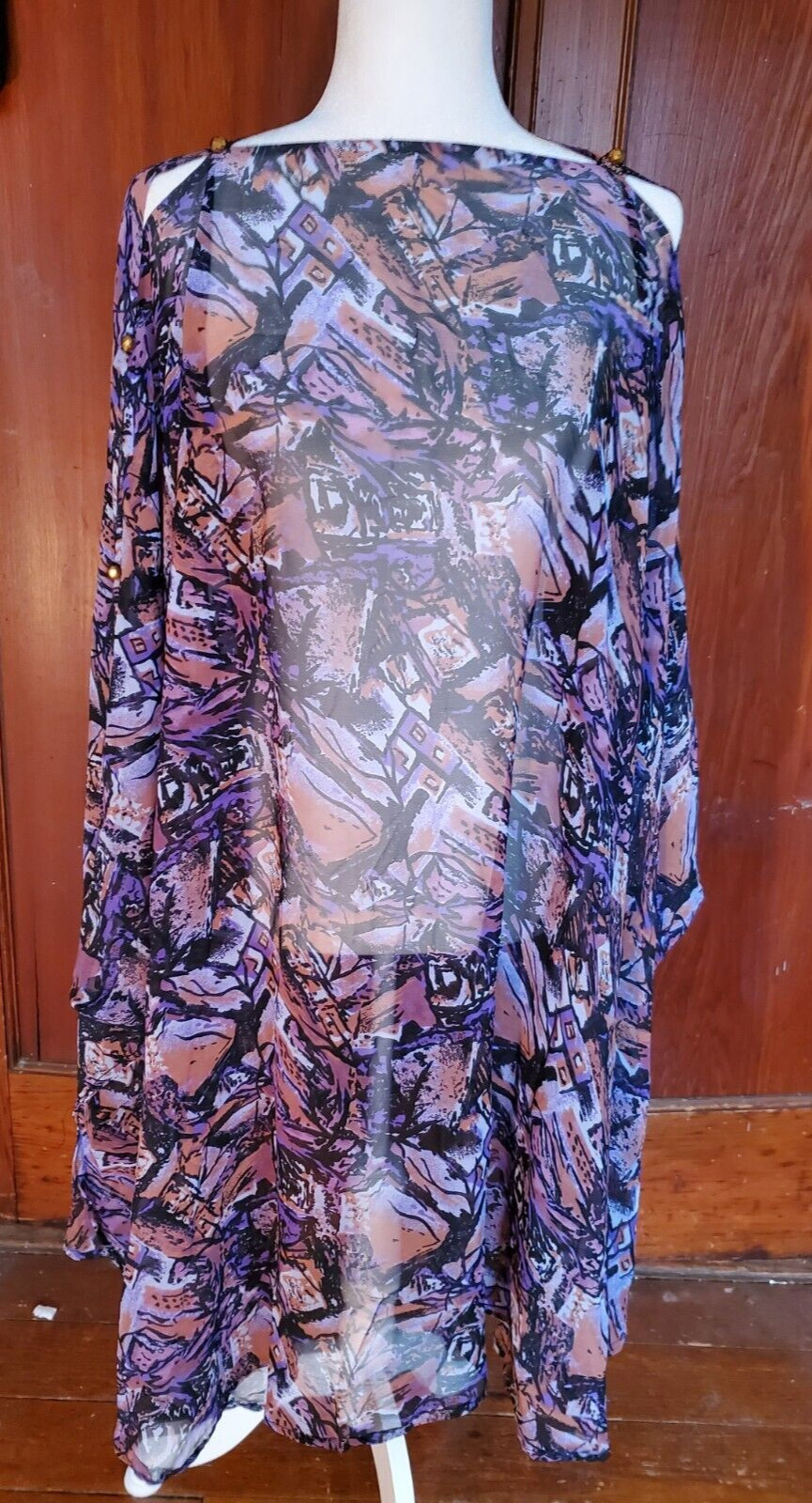 VIN XL SHEER OVERLAY LONG TUNIC TOP W/ PEEK-A-BOO SLEEVES-GEOMETRIC PURPLE TONES