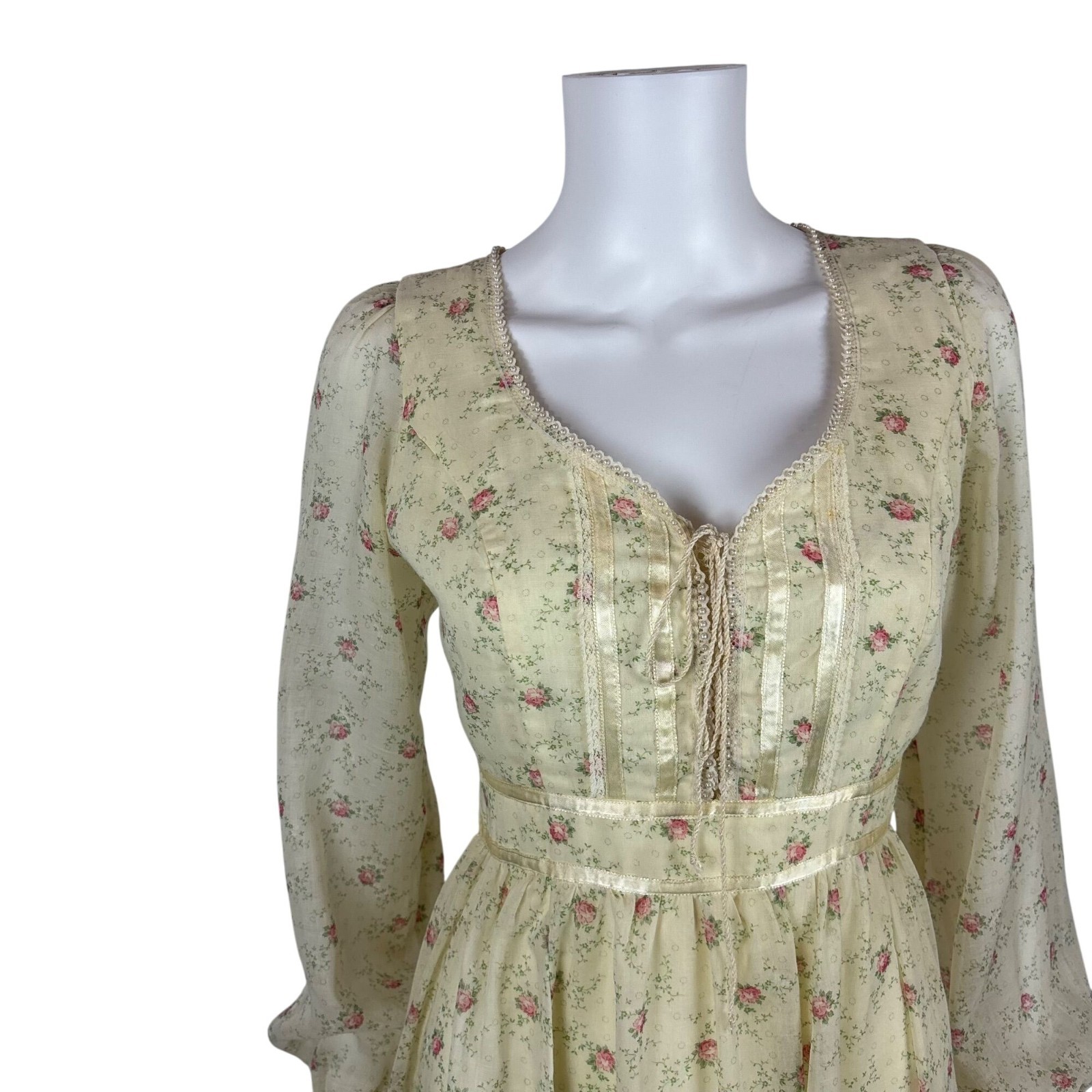 Vintage 70s Prairie Dress Womens Small Pink Rose Print Long Sleeve Gunne Sax