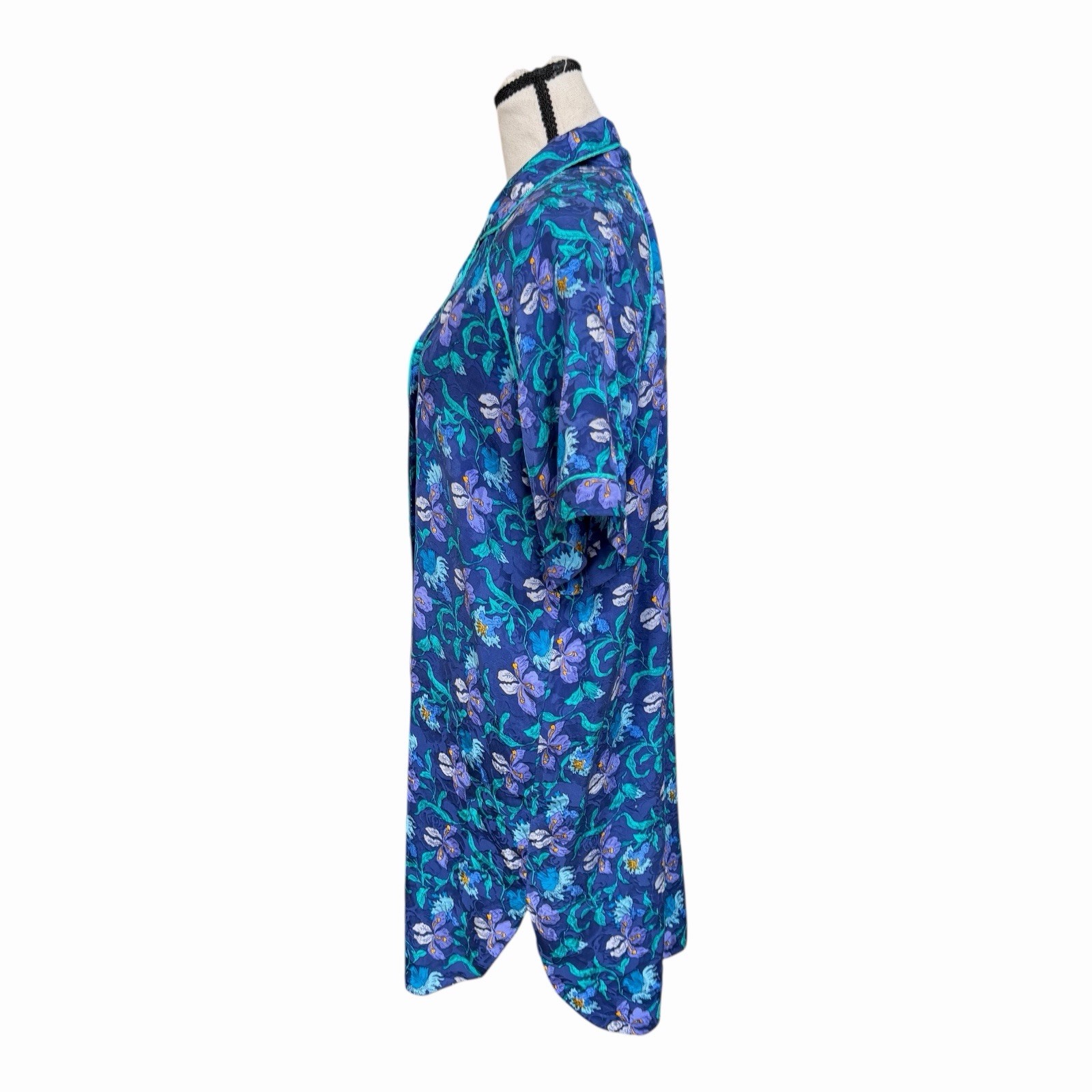 Vintage Valerie Stevens Pure Silk Floral Nightgown Robe Blue Teal 90s Loungewear