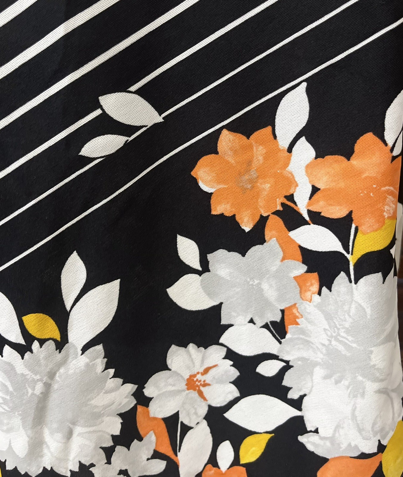 1970s Vintage Black White Striped Orange Yellow Floral High Waist Midi Skirt