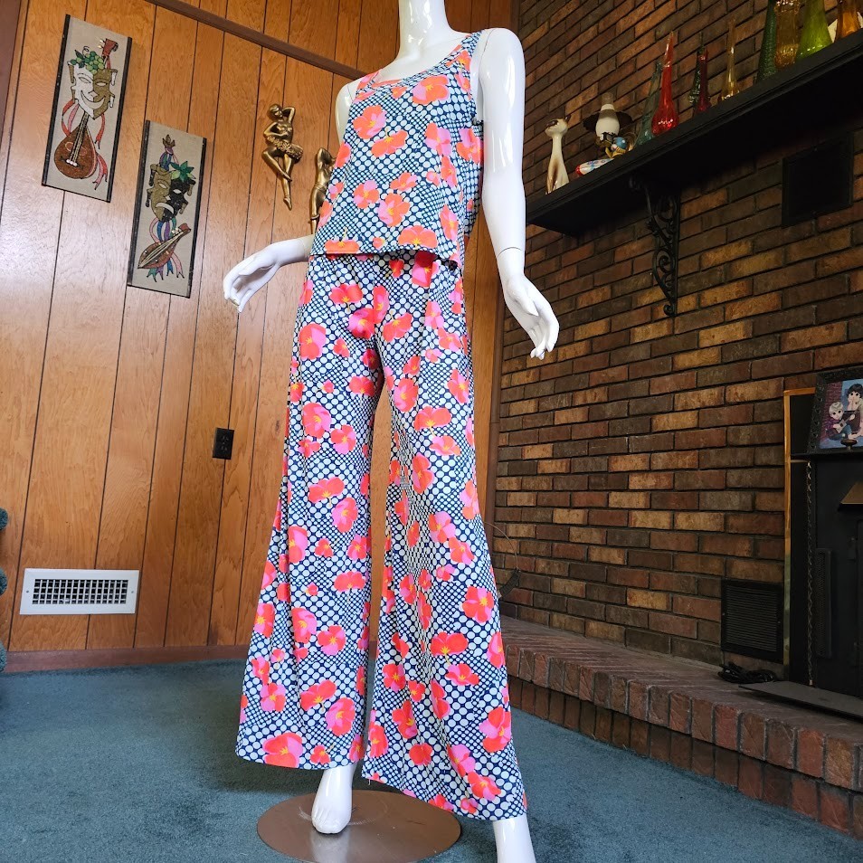 Vtg 70s Mod Op Art Bubble Psychedelic 3pc Tunic Top Wide Bellbottom Pantsuit M/L