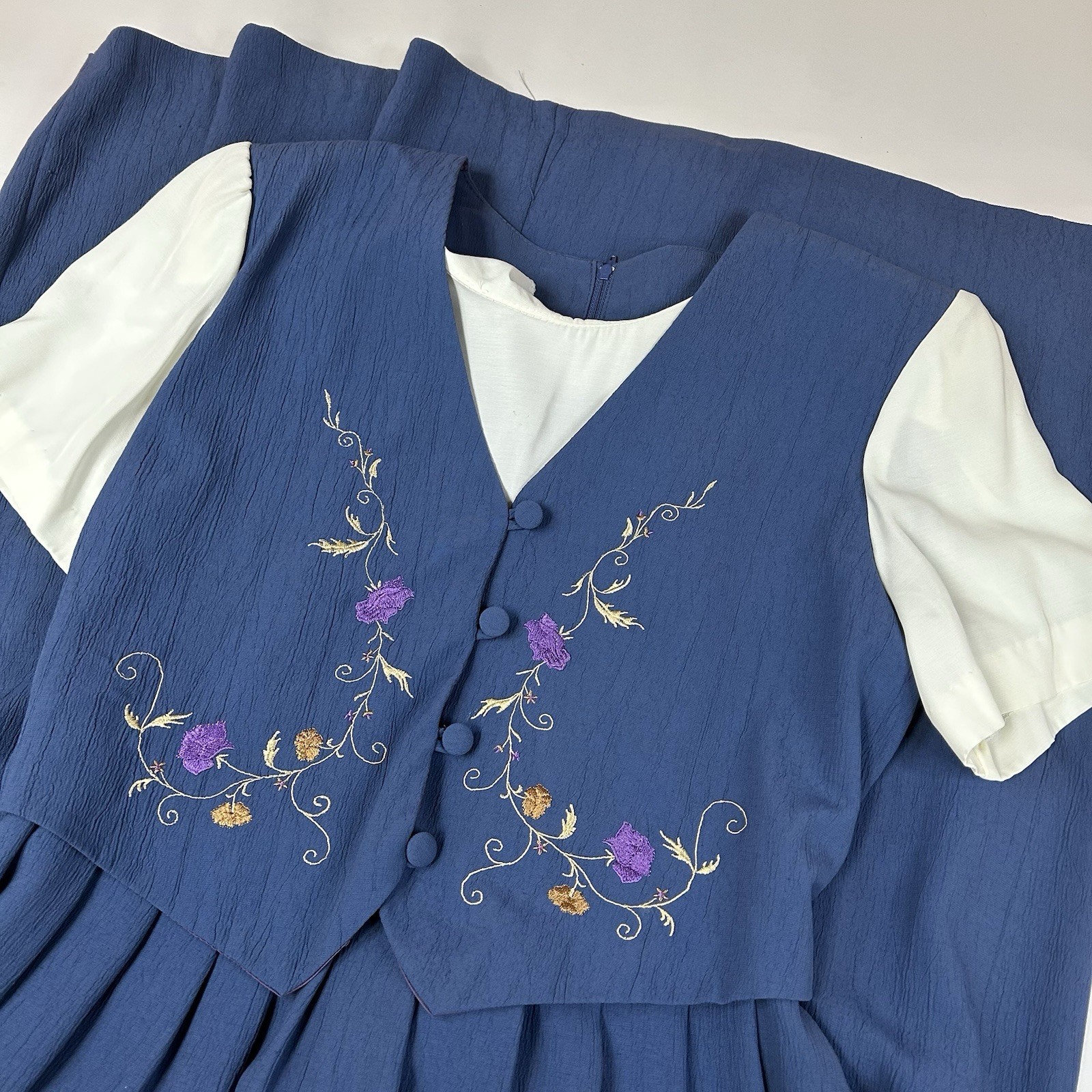 Vintage Allison Che Women’s Dress Size 8P Prairie Cottage Granny Blue Vest #1418
