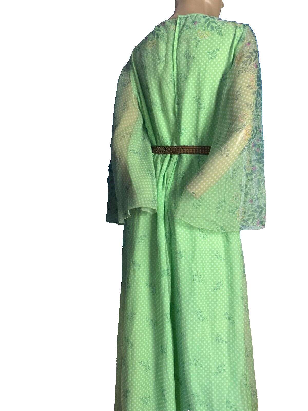 Maxi dress trumpet sleeve hippie dress mint dots ABBA 70s vintage 40 42