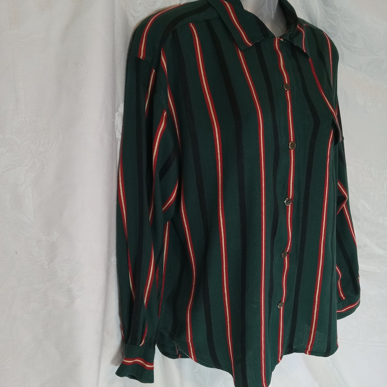 Esprit Women’s Shirt Button Down Green Red Stripe Preppy 1980s Size M Vintage