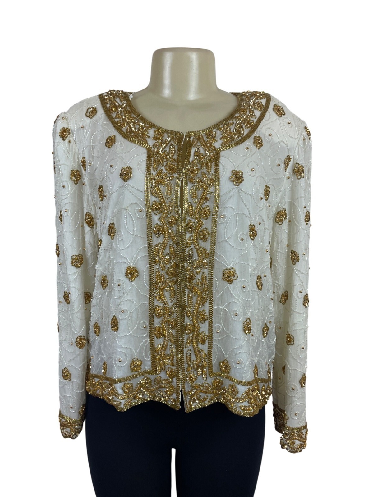 Mark & John Vintage White & Gold Sequined Beaded Jacket With Floral Design Sz XL