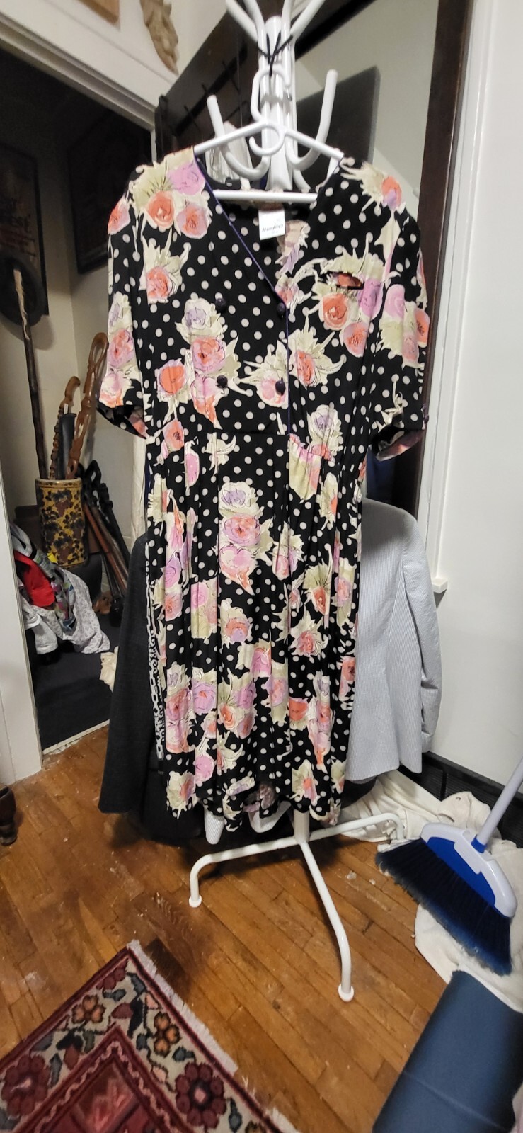 Vintage Meico City Style Black & Pink Green White Floral Print Dress 44