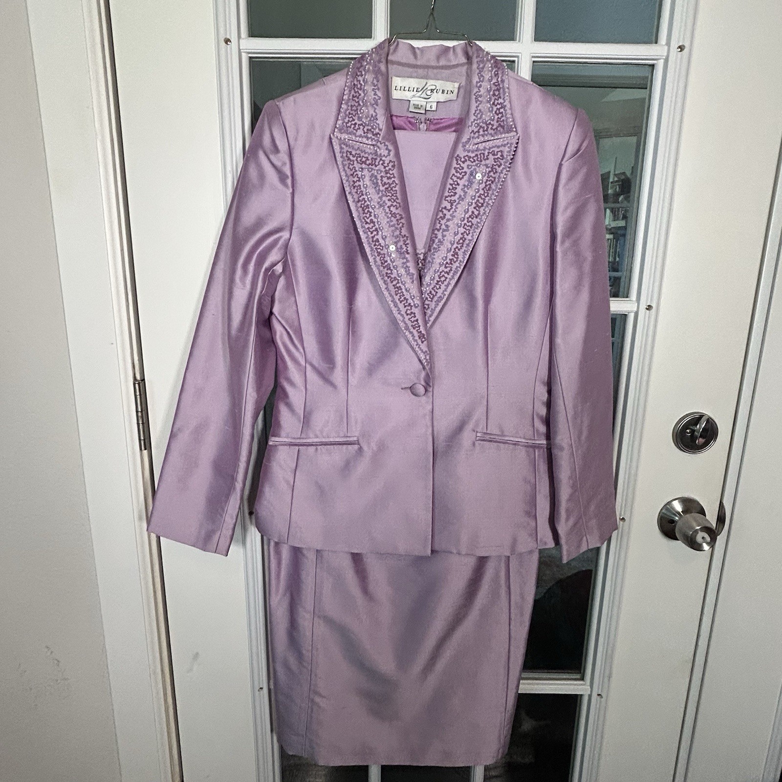 Lillie Rubin X Kay Unger Vintage 1990s 100% Silk Lavender Beaded Dress Jacket 6