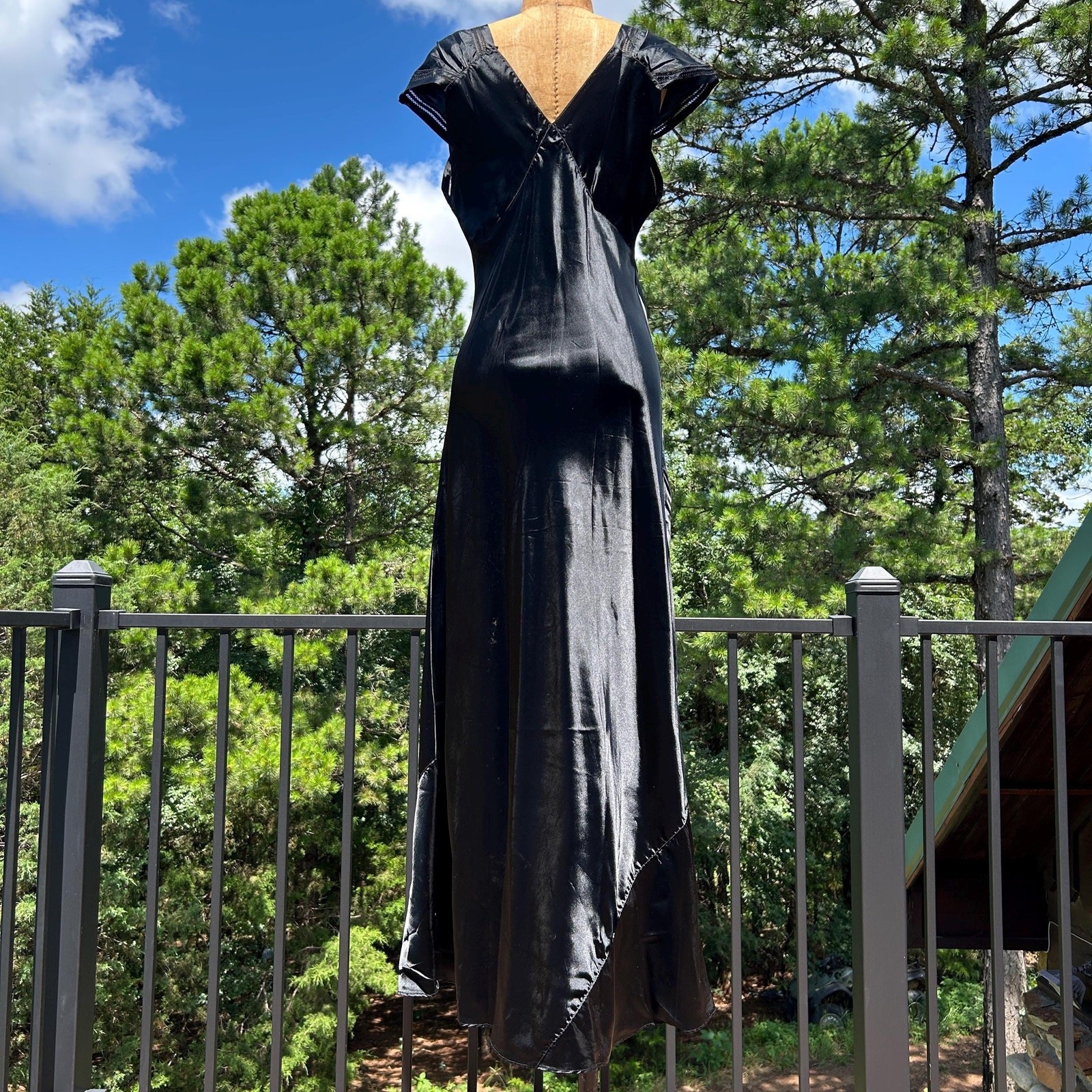 Vintage 30s Black Liquid Satin Embroidered Bias Cut Negligee Maxi Slip Dress S