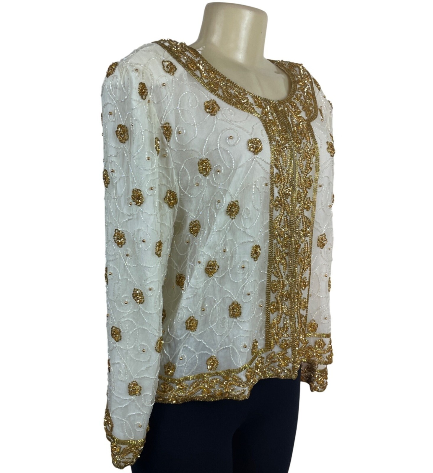 Mark & John Vintage White & Gold Sequined Beaded Jacket With Floral Design Sz XL