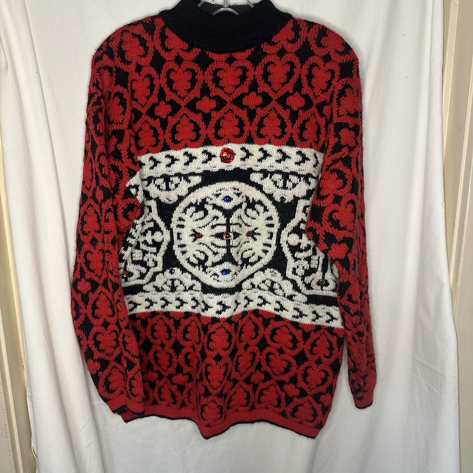 Vintage 80’s Women’s Midnight Blues Red & White Rhinestone Knit Sweater Size M￼