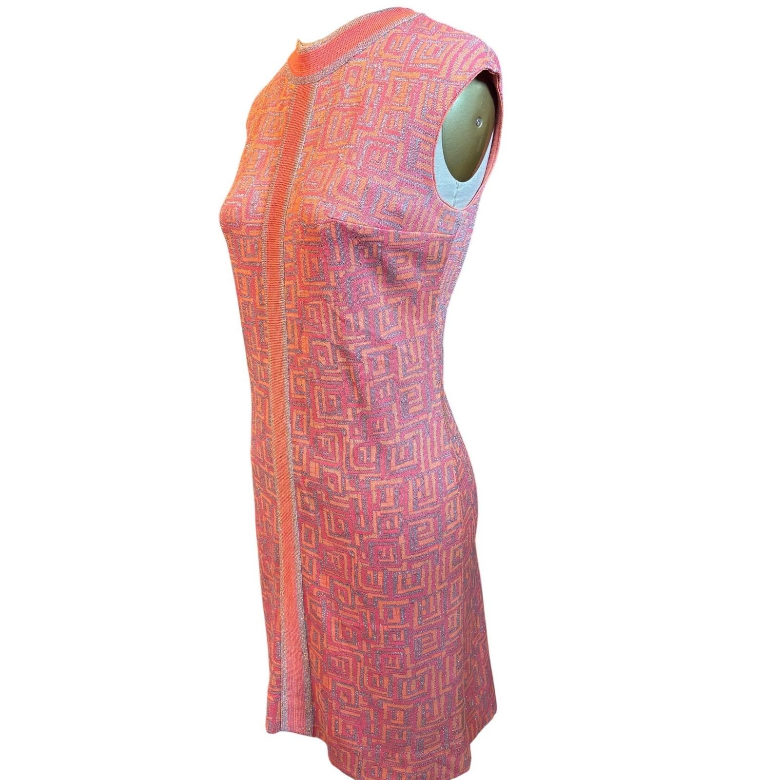 Mod Geometric Lurex Tannel Knits Sheath Dress Sleeveless Pink Orange Vintage