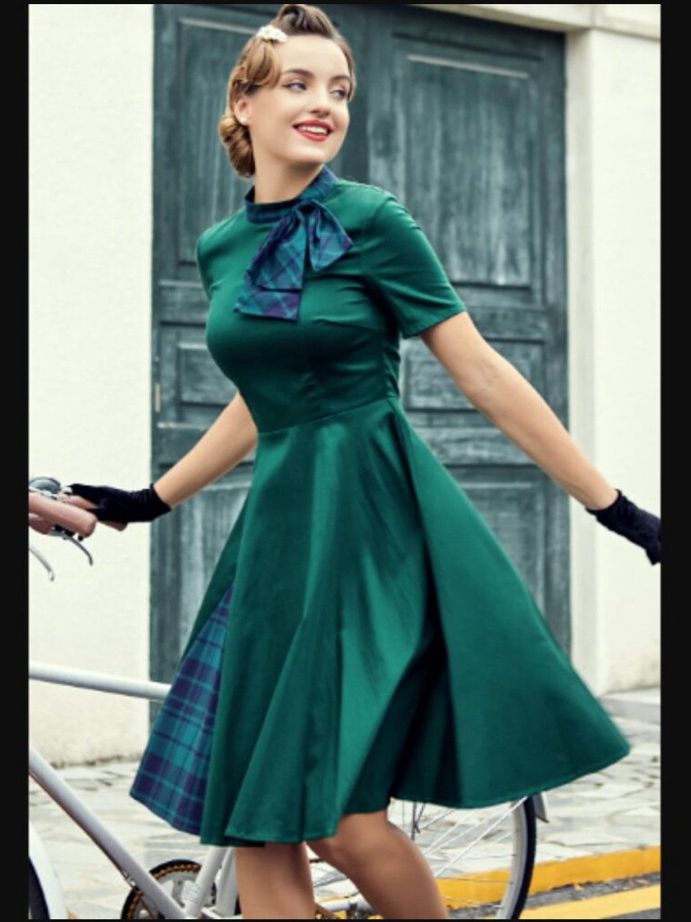 ZAPAKA Green Plaid Swing Vintage 1950s A-Line Rockabilly Dress Tie Neck Zipper