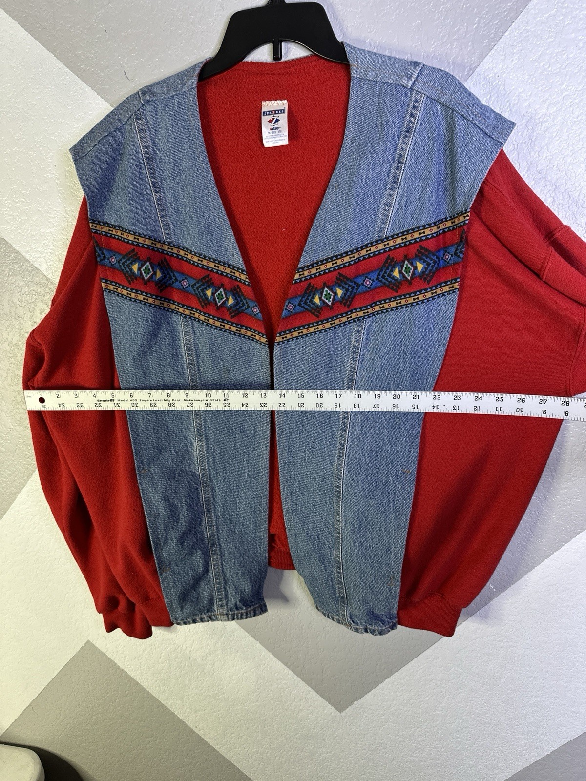 Jerzees Womens Red Denim Tribal Jacket Open Front Reworked 90s 3XL Handmade Vtg