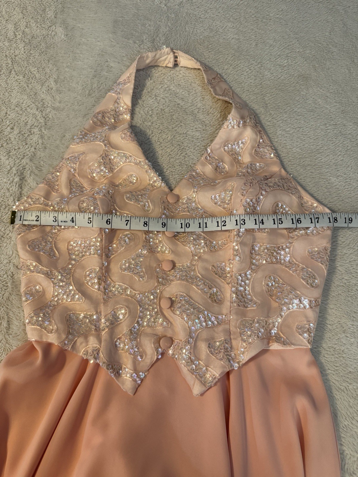 VTG 90s Faviana New York Halter Gown Peach Sequin Backless Maxi Dress Size 13/14