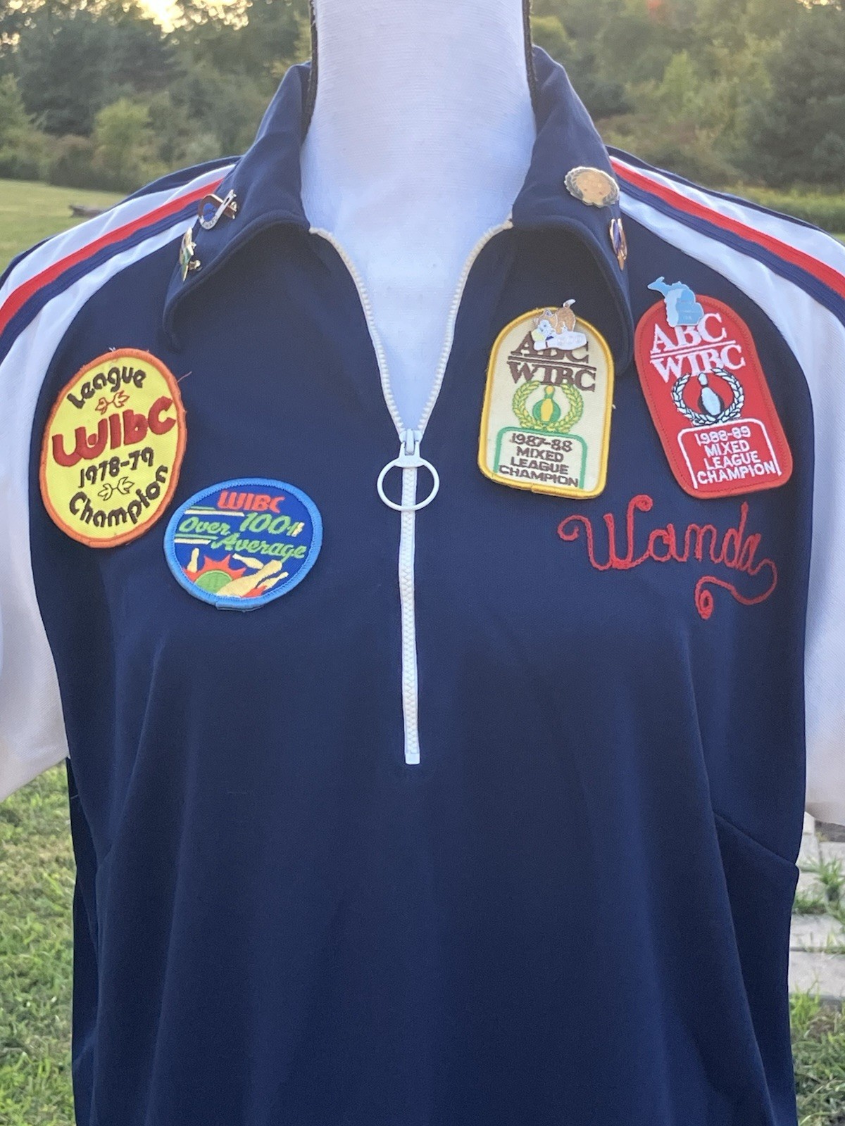 Vtg Bowling Shirt Womens Rockabilly Red White Blue Chain Stitch Pins Patches