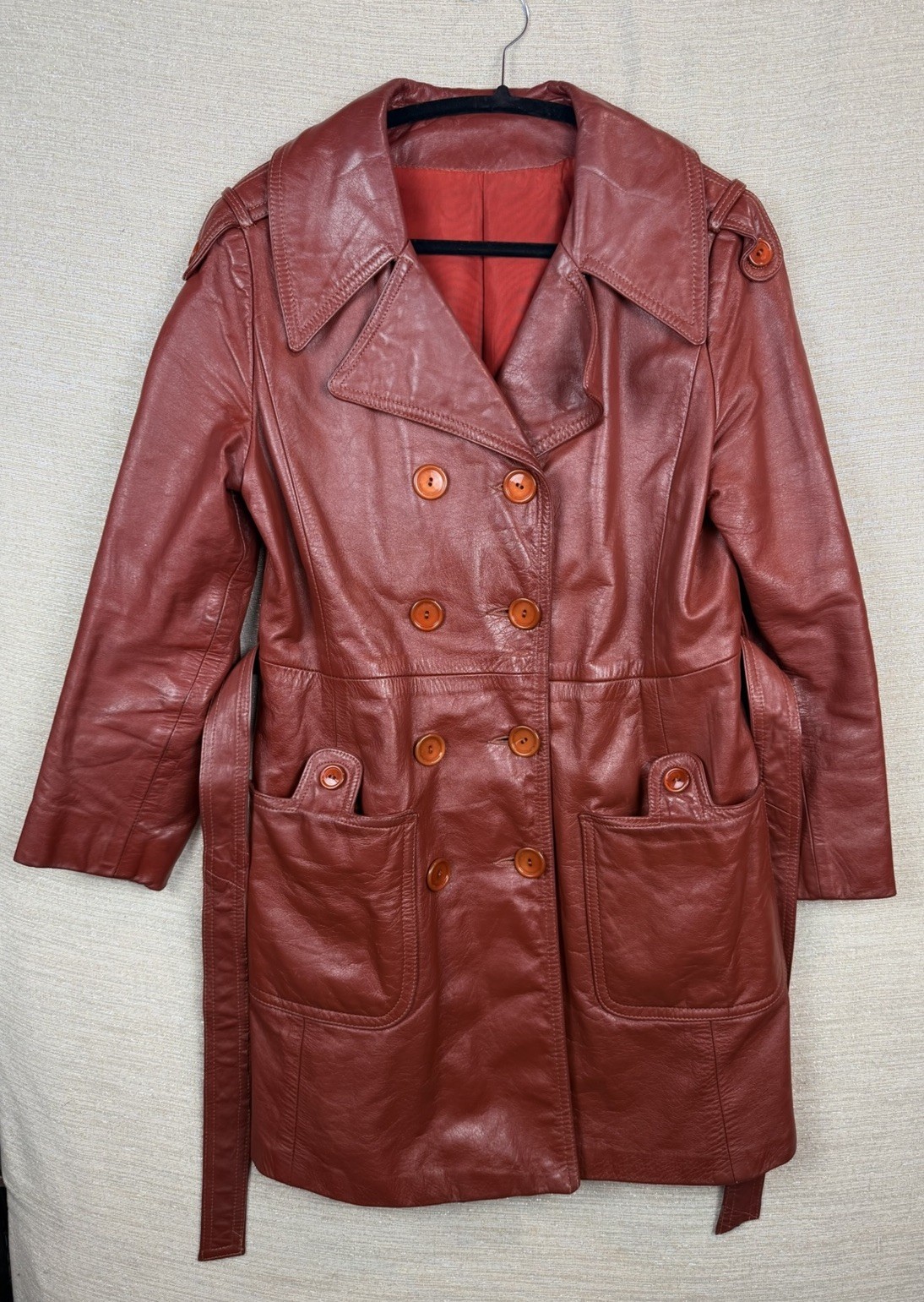 Vintage Cherry Red Leather Jacket Long Belted Mod Trench Coat 1970s Size 10