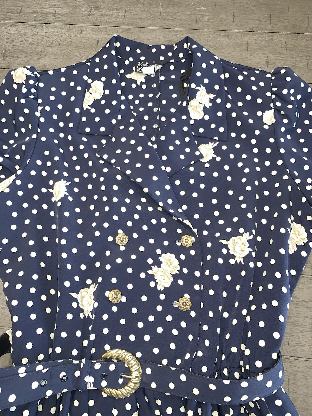 B7 80s SZ 12 BRELI ORIGINALS SILKY BELTED DRESS NAVY FLORAL PAD SHOULDER PLEATED