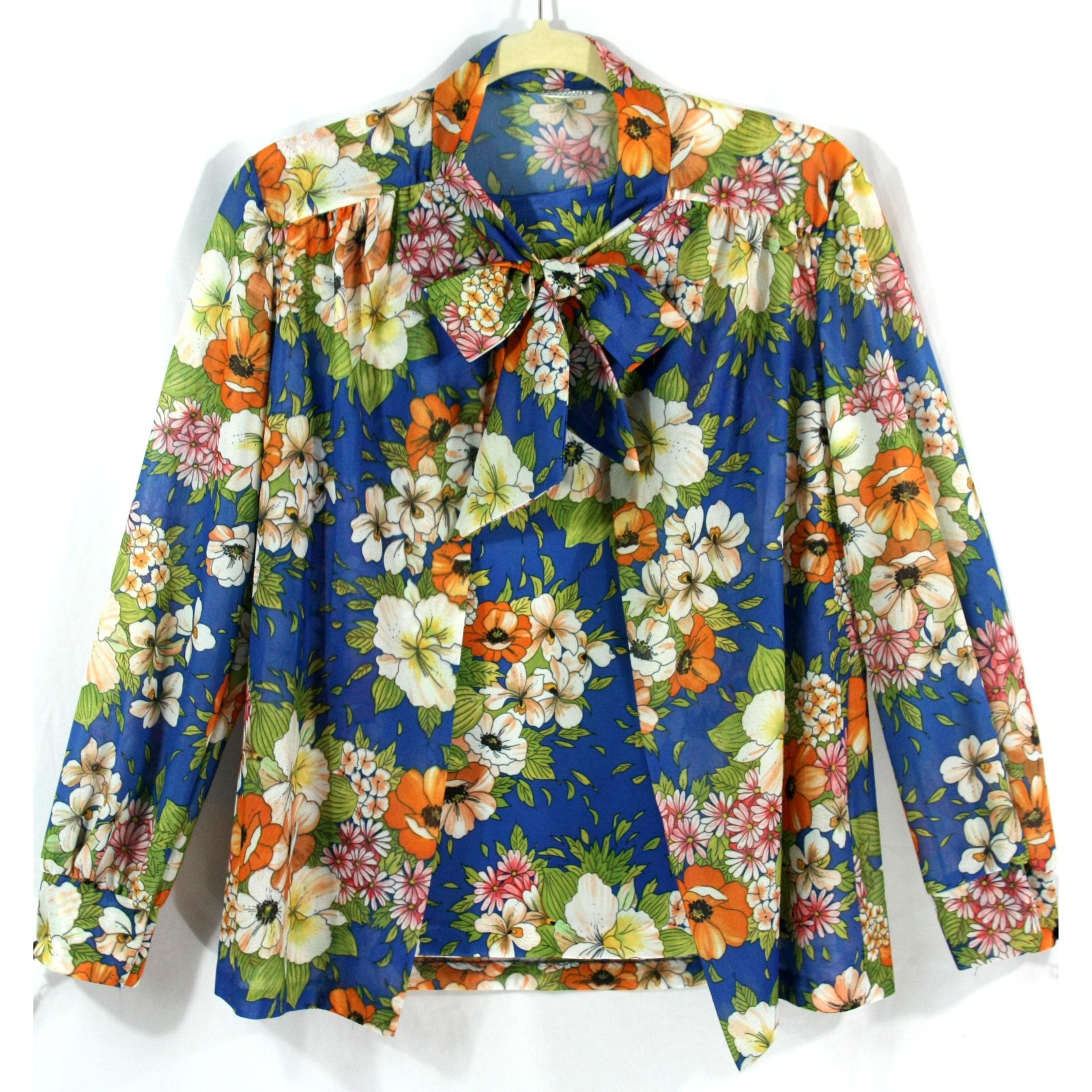Vintage Floral Semi Sheer Pussy Bow Tie Blouse Tunic and Tank Top Set M 1970s