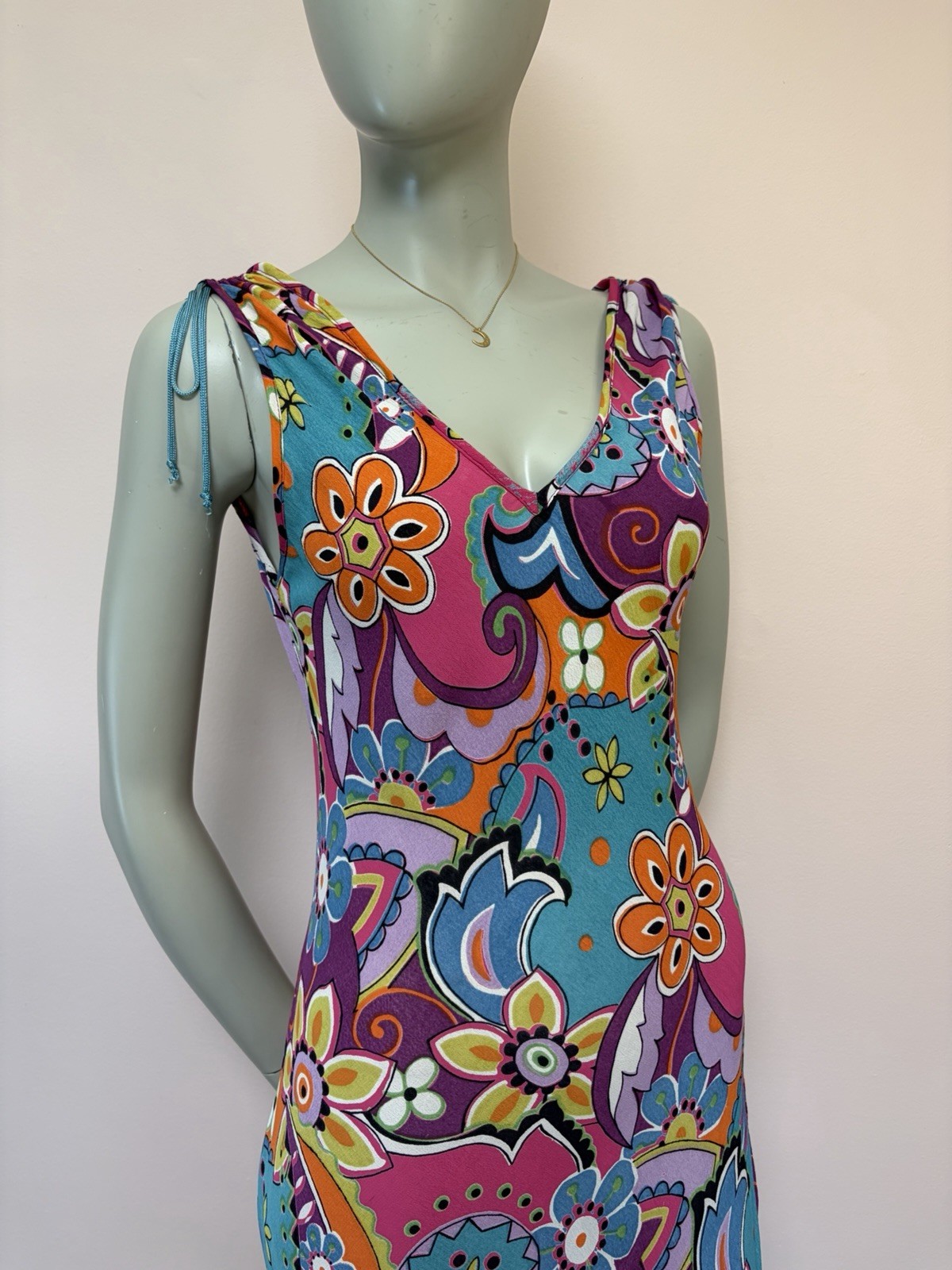 Vintage 90s Angie Psychedelic Bias Cut Rayon Floral fairy India Midi Dress S