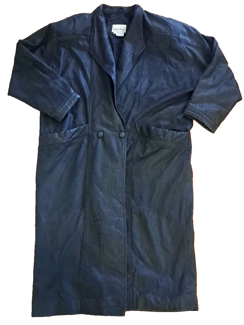 Women Vintage Leather Duster Coat Black 1990s Glam Boxy Pockets Western Large