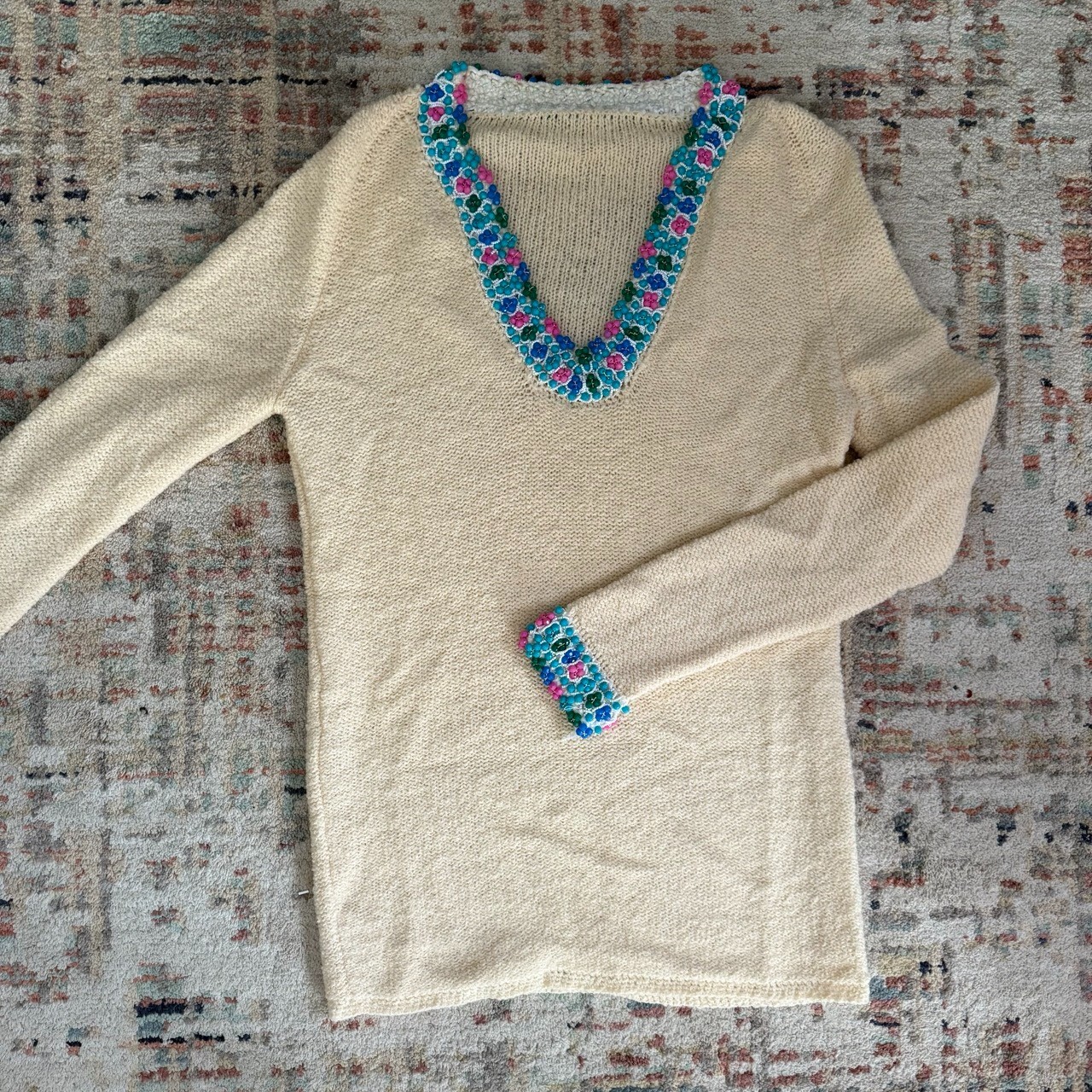 Cream Vintage sweater with blue, pink and white beading