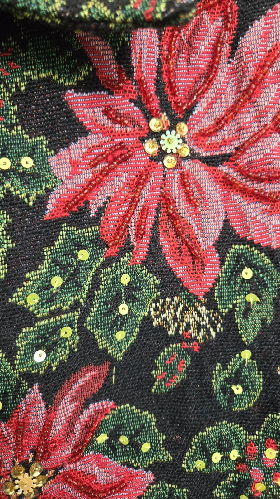 Tudor Court Women Sz Lg Denim Poinsetta Print W/ Sequins Jeans Jacket Holiday
