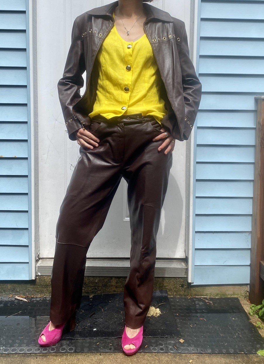 Y2K St John Sport Marie Grey brown leather grommet jacket and pants set Large