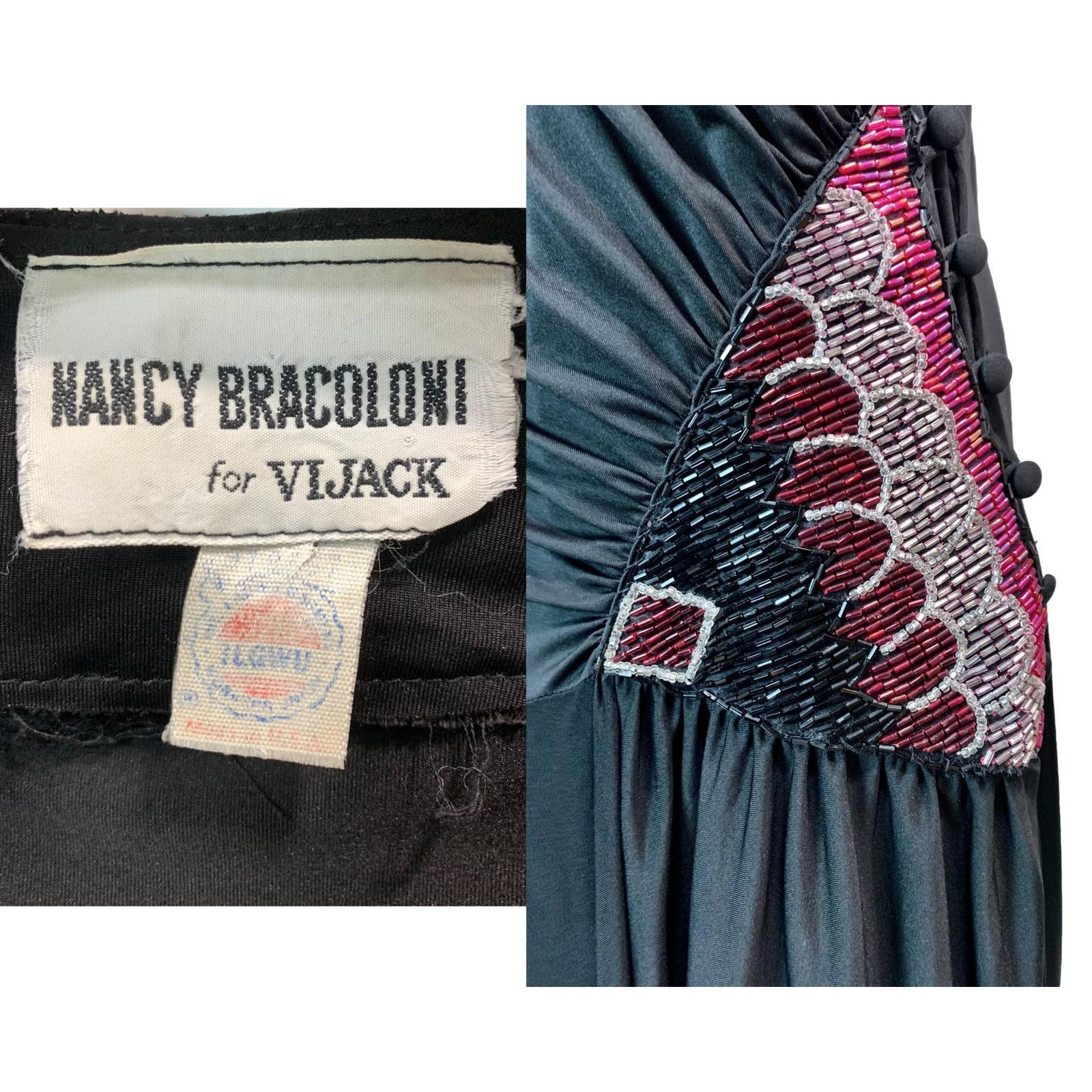 Vintage Vijack Black Beaded Wrap Dress | Nancy Bracoloni 70s 80s Scarf Hem | S
