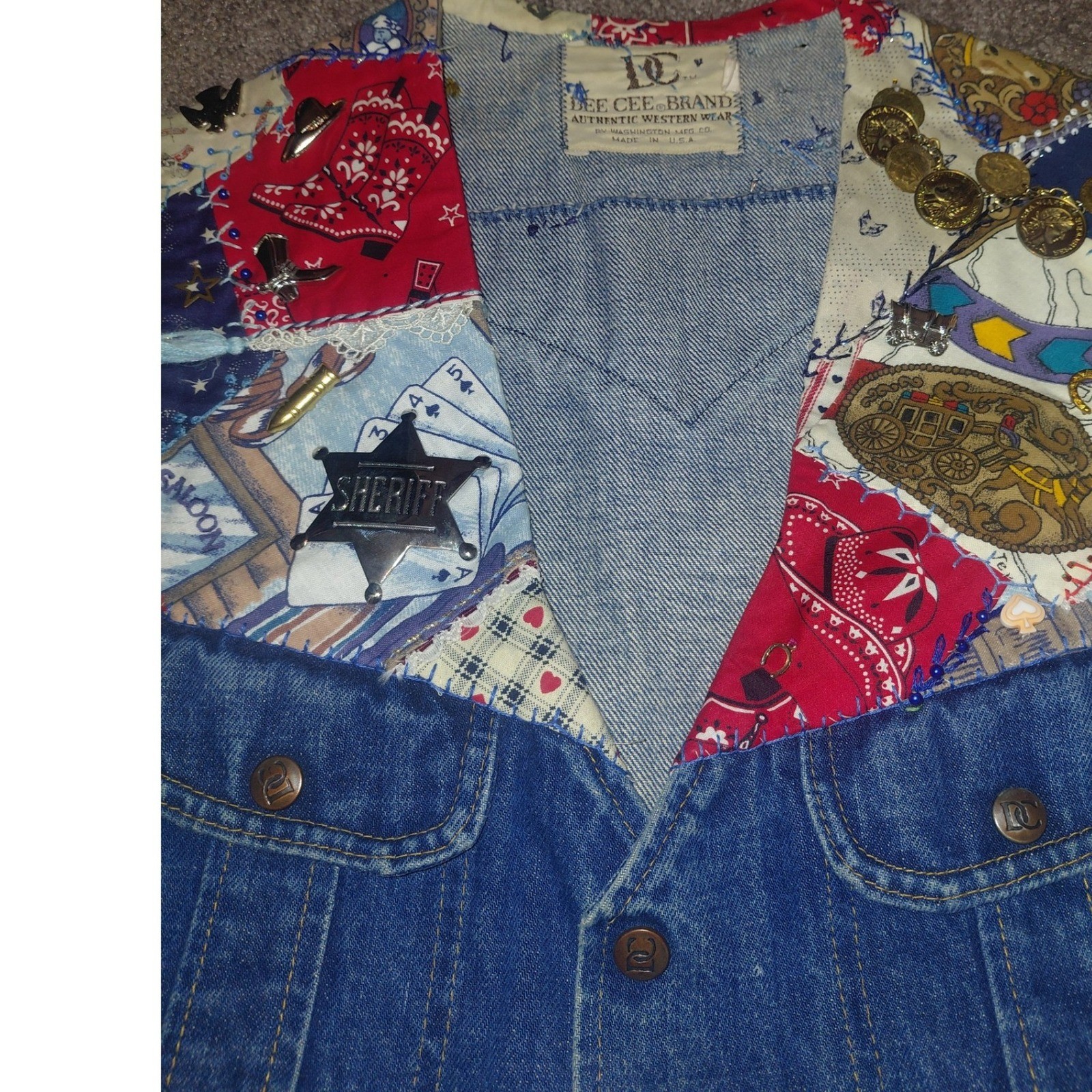 Vintage Dee Cee Brand Western Denim Vest Patchwork Charms Sheriff Badge USA Made