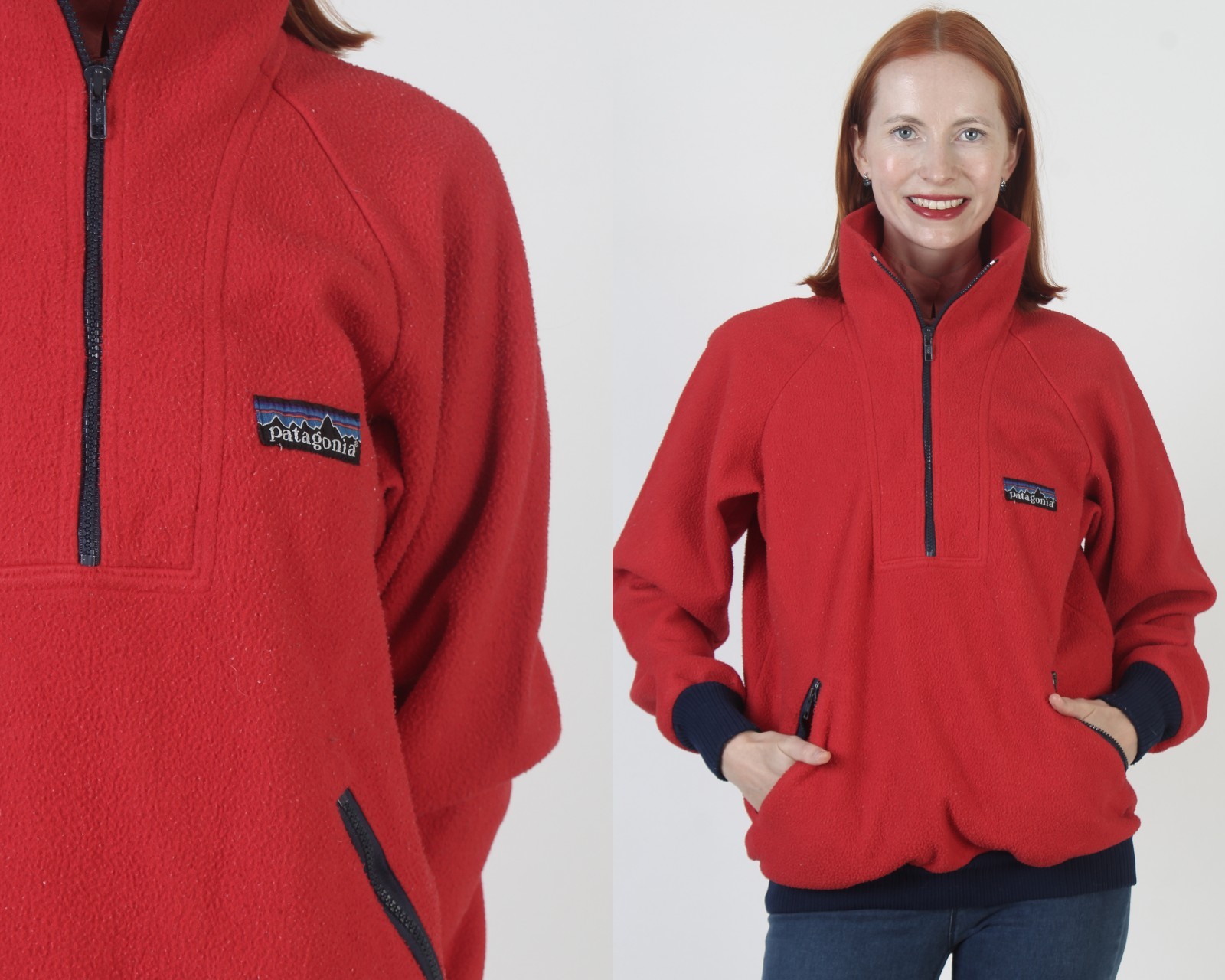 Vintage 80s Patagonia Half Zip Fleece Jacket Red Big Tag Pull Over Hiking Coat L